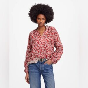 NWOT Madewell Shirred Popover Top in Paisley Print Red White Women's Top Medium